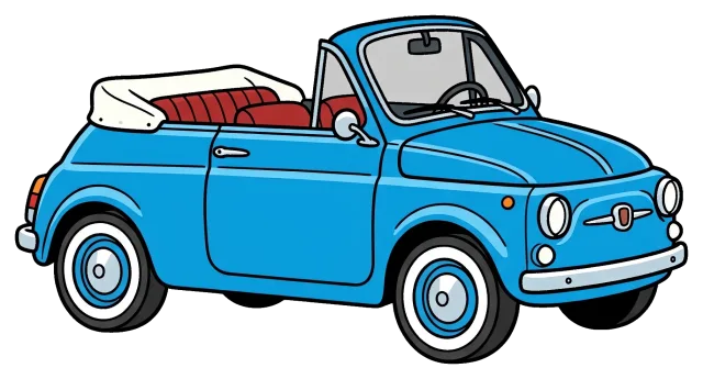 Retro blue convertible car with white soft top and red interior