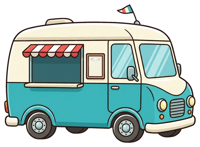 Retro style food truck with striped awning and small flag