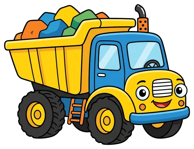 Smiling colorful dump truck loaded with rocks