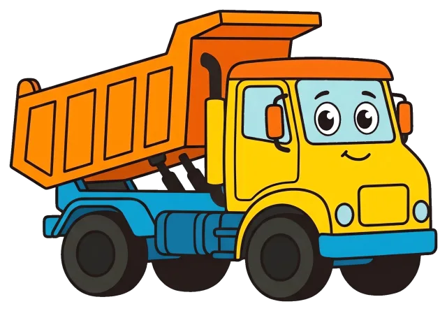 Smiling yellow and orange dump truck with blue chassis