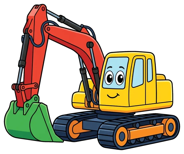 Smiling yellow and red excavator with green bucket