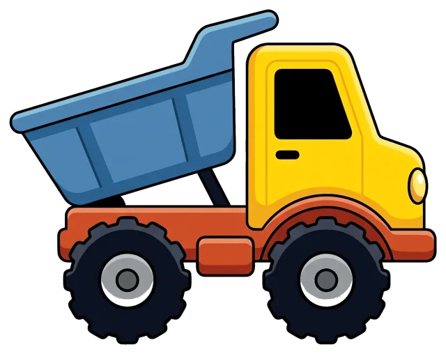 Yellow and blue dump truck side view