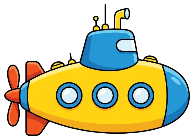 Yellow and blue submarine with orange propeller