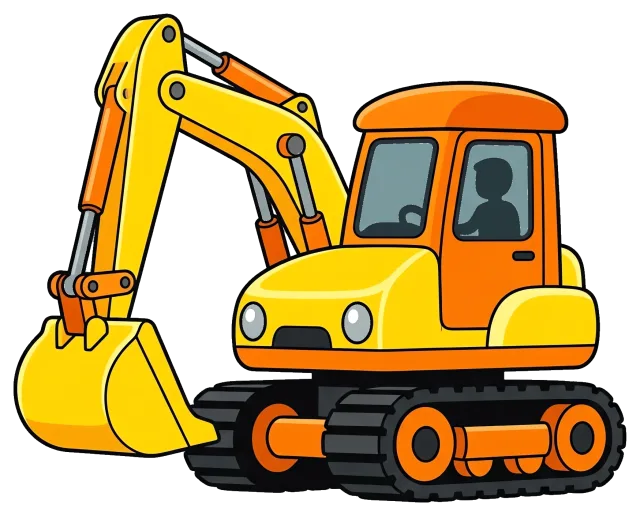 Yellow and orange excavator with operator silhouette
