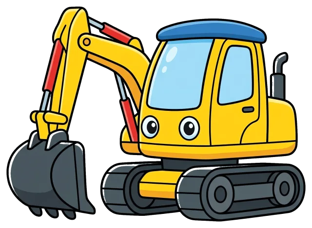 Yellow Excavator with Blue Cabin and Black Tracks