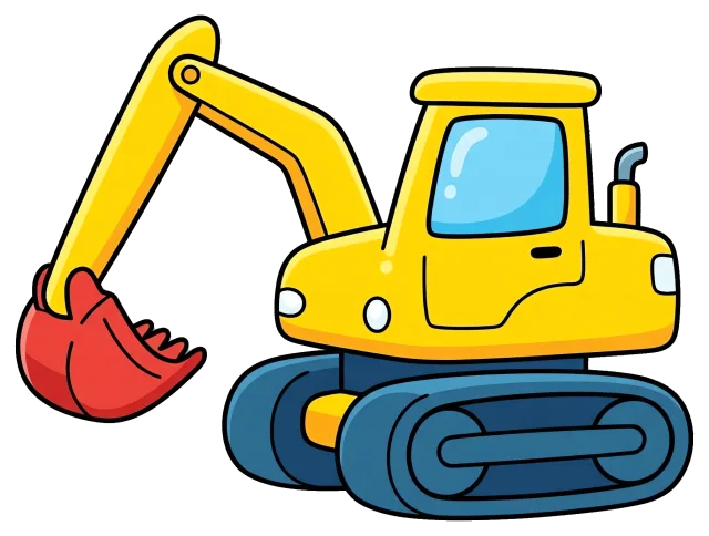 Yellow Excavator with Red Bucket on Grey Background
