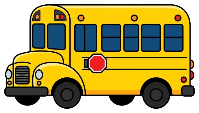 Yellow school bus with stop sign on grey background