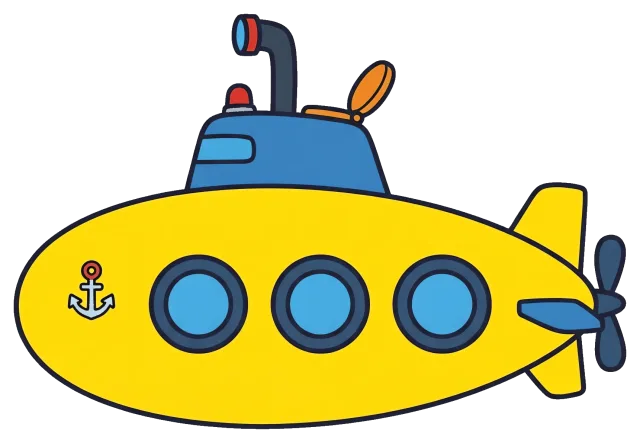 Yellow submarine with blue windows and anchor symbol