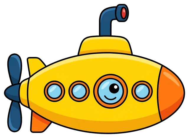 Yellow submarine with smiling porthole and propeller