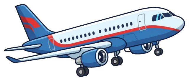 Blue and white passenger airplane with red accents