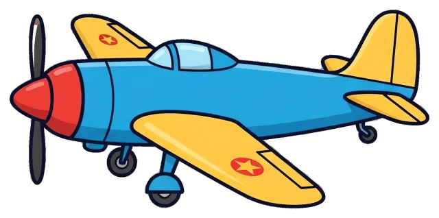 Blue and yellow cartoon airplane with red nose and star insignia