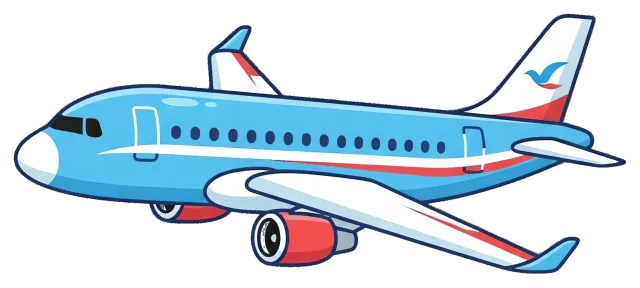 Blue passenger airplane with red accents flying right
