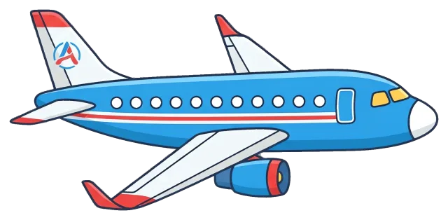 Blue passenger airplane with red and white accents