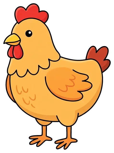 Cartoon chicken with red comb and tail feathers