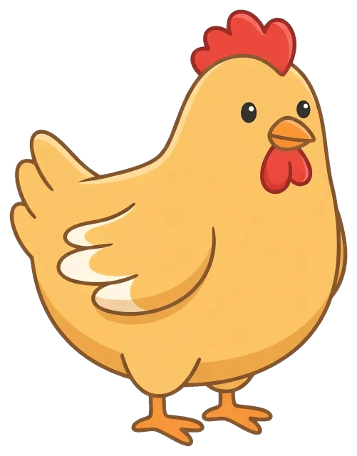 Centered cartoon chicken with red comb and orange beak
