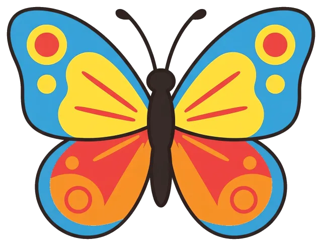 Colorful cartoon butterfly with blue, yellow, and orange wings