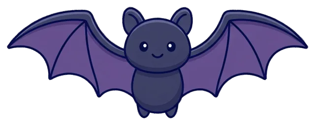 Cute cartoon bat with purple wings and smiling face