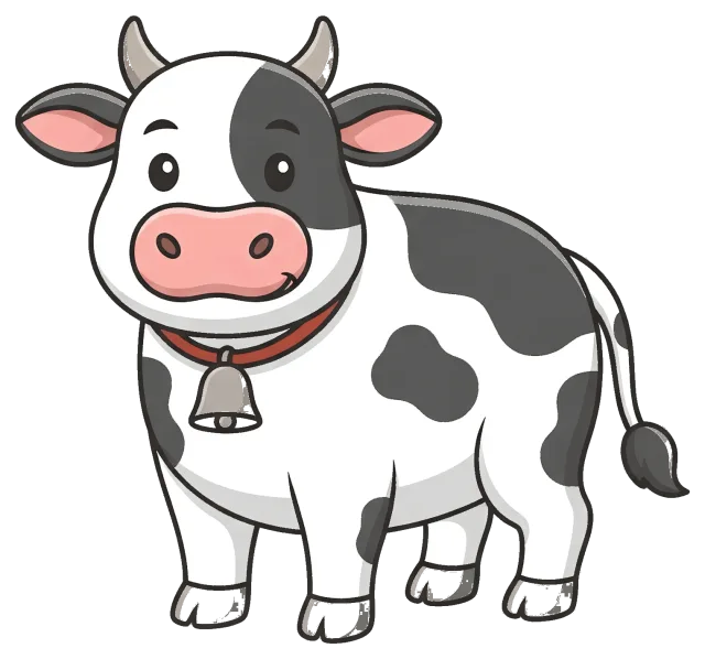 Cute cartoon black and white cow with bell