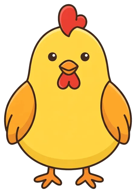 Cute cartoon chicken with red comb and orange wings