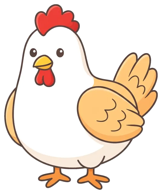 Cute cartoon chicken with red comb and orange wings