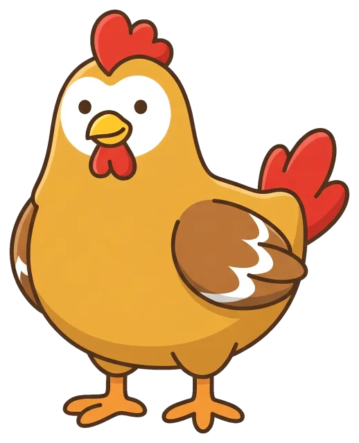 Cute cartoon chicken with red comb and tail