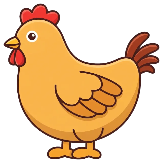Cute cartoon chicken with red comb and tail feathers