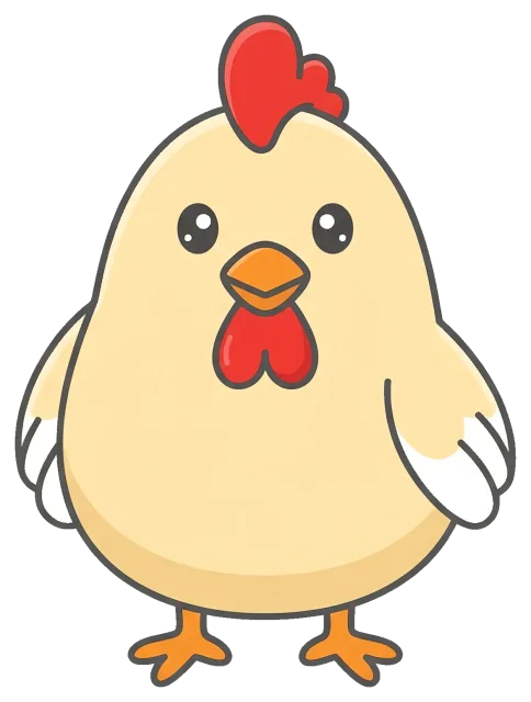 Cute cartoon chicken with red comb on grey background