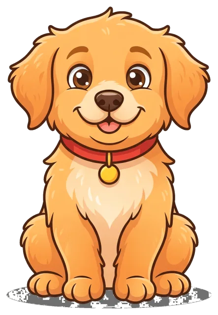 Cute happy golden puppy with red collar and tag
