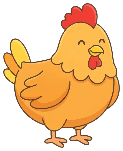 Happy cartoon chicken with red comb and yellow feathers
