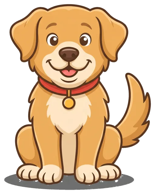 Happy cartoon dog with red collar sitting