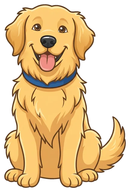 Happy golden retriever dog sitting with blue collar