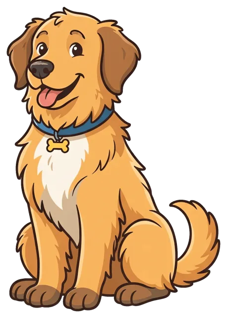 Happy golden retriever dog with blue collar and bone tag