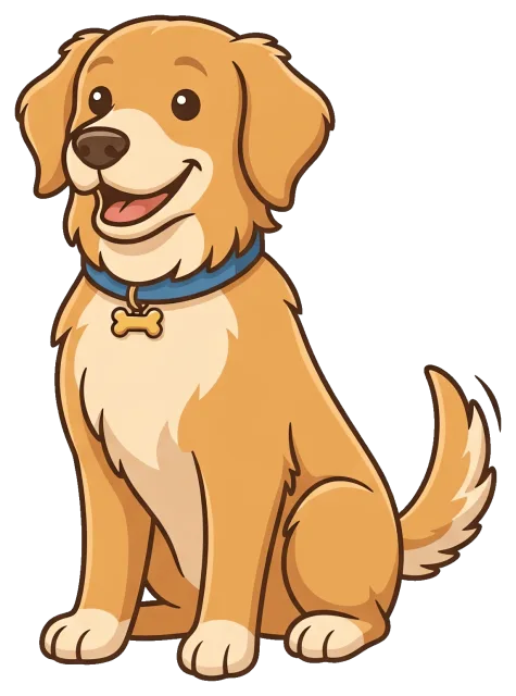 Happy golden retriever dog with blue collar and bone tag