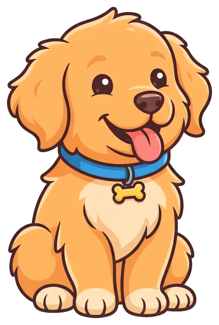 Happy golden retriever puppy with blue collar and bone tag