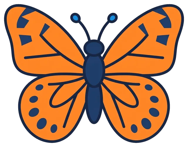 Orange and blue cartoon butterfly with patterned wings