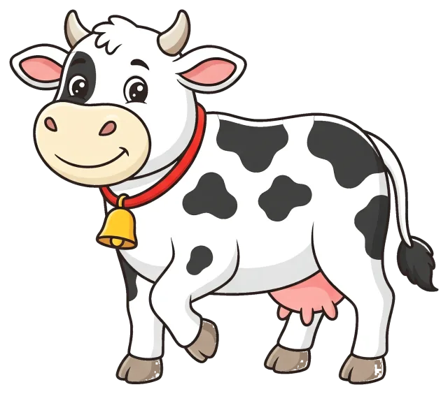 Smiling black and white cow with bell around neck