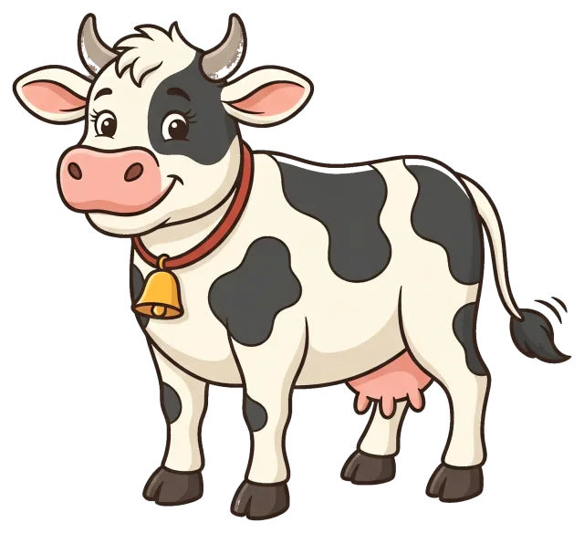 Smiling black and white cow with bell around neck