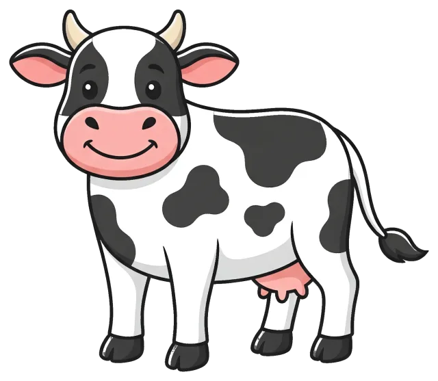 Smiling black and white cow with pink udder