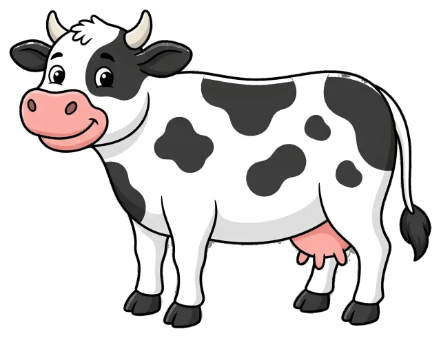 Smiling black and white cow with pink udder