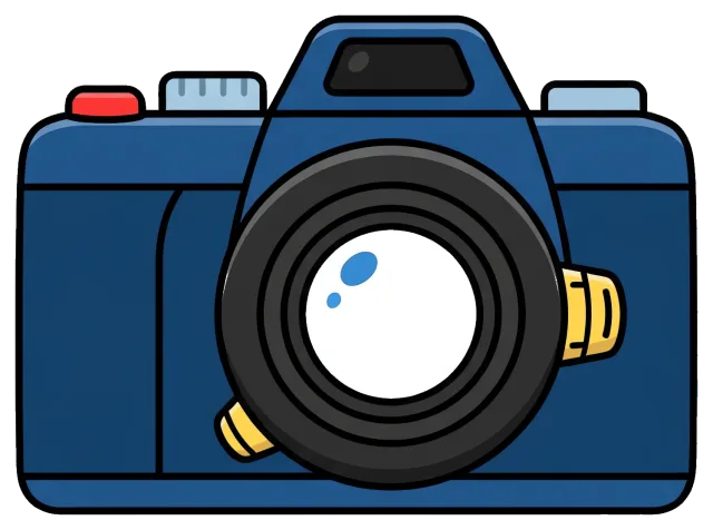 Blue camera with large lens and buttons