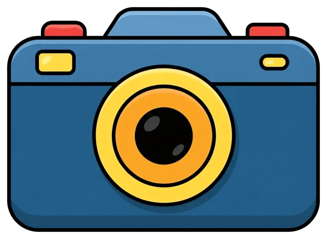 Blue camera with yellow lens and red buttons