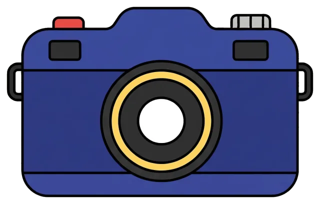 Blue camera with yellow lens and red shutter button