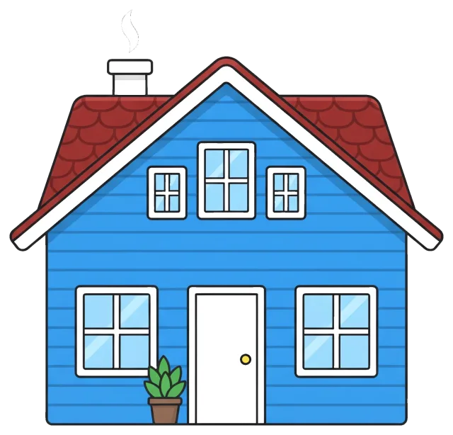 Blue house with red roof and chimney smoke