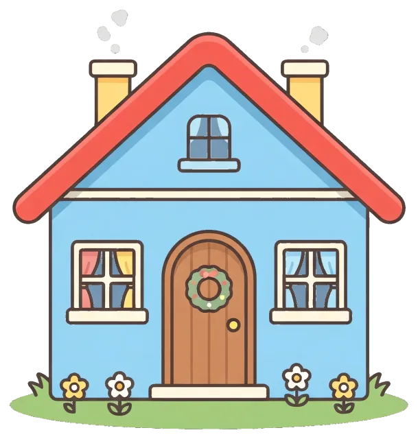 Cartoon blue house with red roof and flower garden