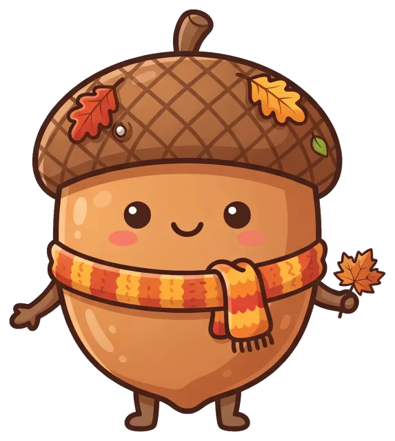 Cute fall acorn character with scarf and autumn leaves