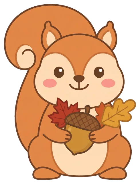 Cute fall squirrel holding acorn and autumn leaves