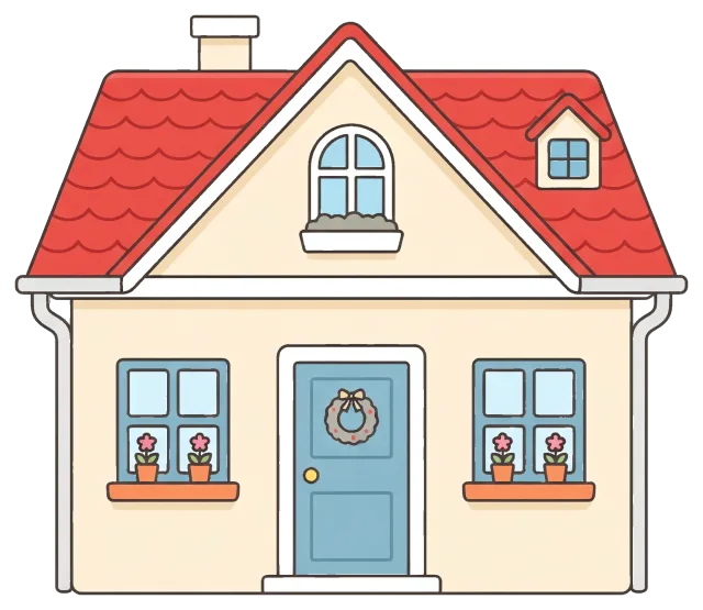 Cute house with red roof and blue door with wreath