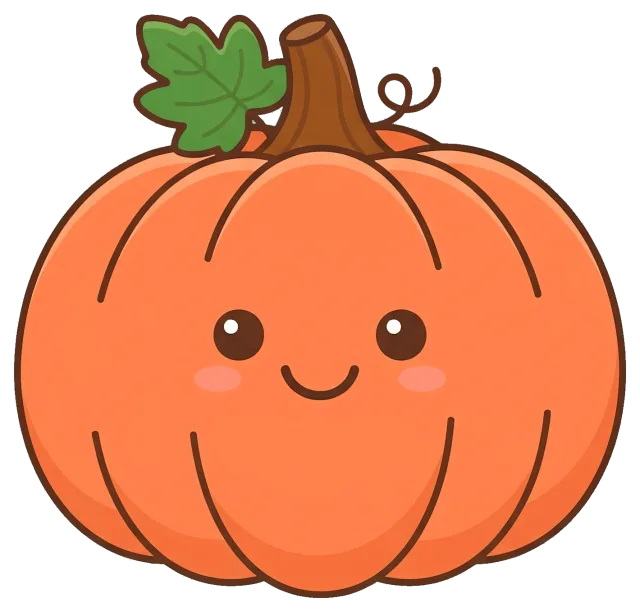 Cute smiling fall pumpkin with green leaf
