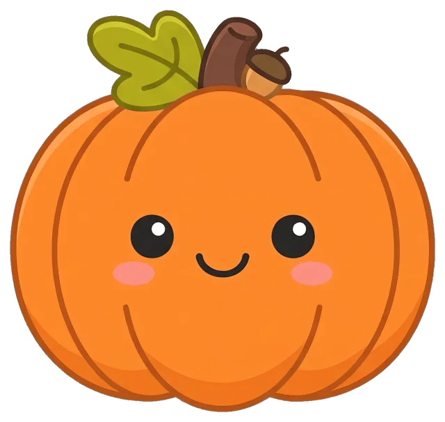 Cute smiling fall pumpkin with leaf and acorn