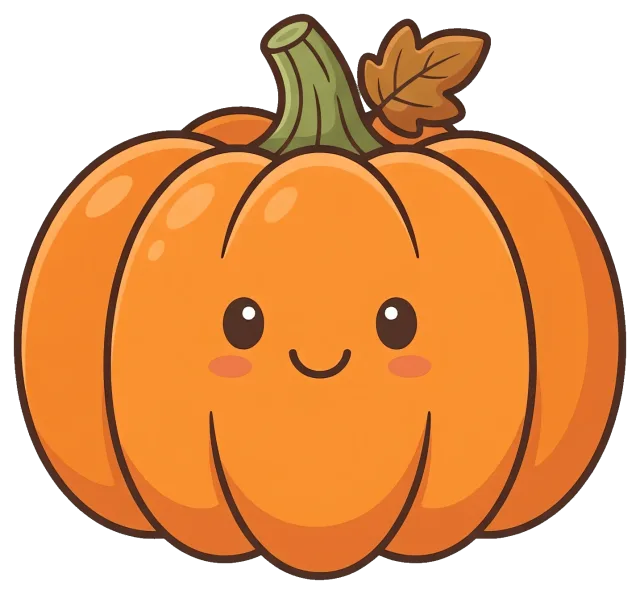 Cute smiling pumpkin with autumn leaf